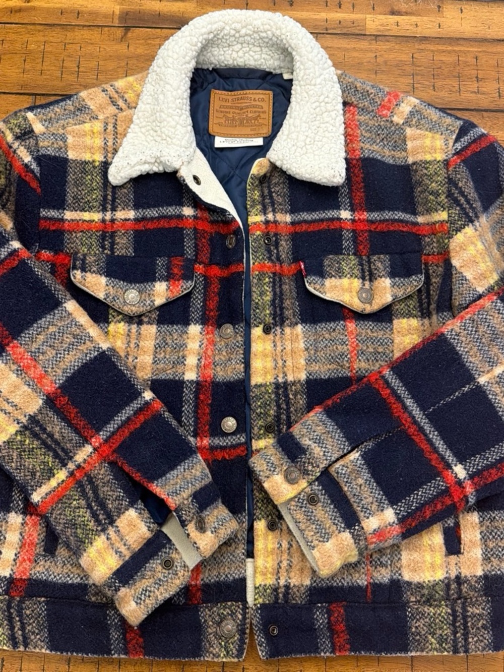 Levi's women’s Sherpa Collar Plaid Jacket - Navy/Red/Yellow